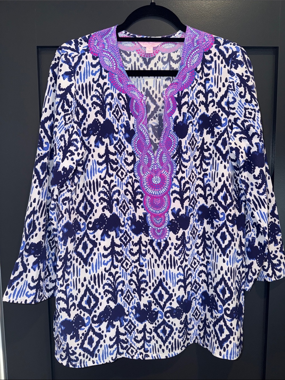 Lilly Pulitzer Navy, White & Pink Embroidered V-Neck Tunic Top